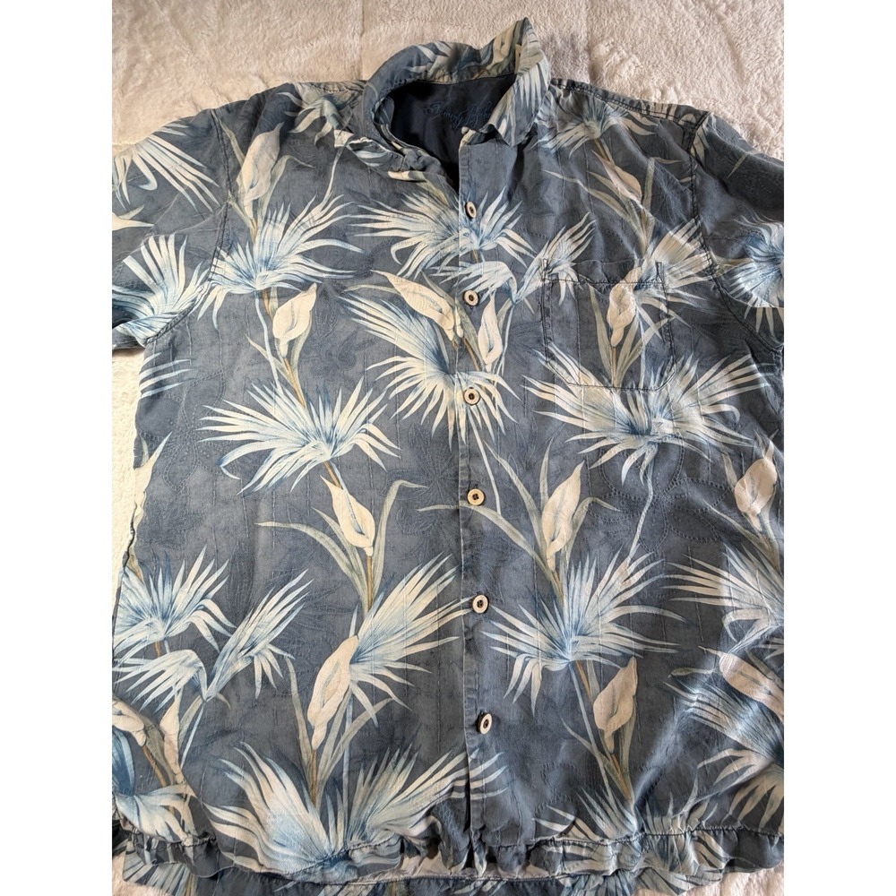 Tommy Bahama Hawaiian 100% Silk Shirt Men L Blue Floral Button Up Pocket - Picture 3 of 7